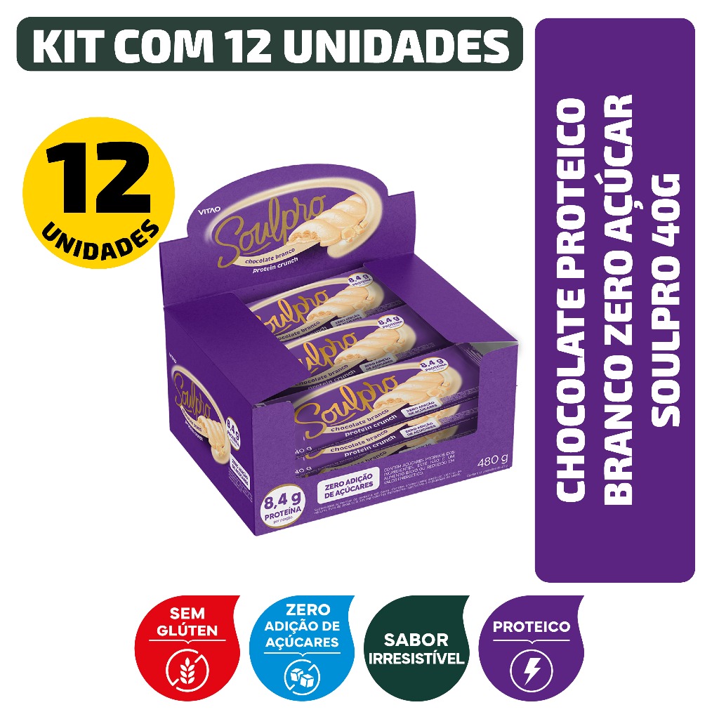 Kit Chocolate Proteico Branco Zero Açúcar Soulpro 40G - 12 Unidades
