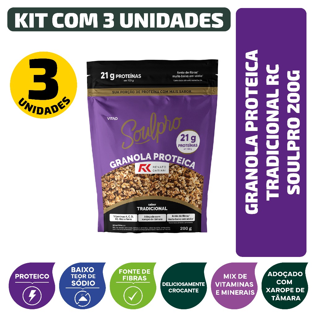 Kit Granola Proteica Tradicional RC Soulpro 200G - 3 Unidades em Oferta na Shopee
