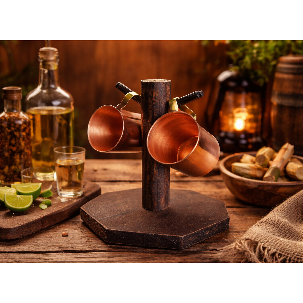 Mancebo Rústico em Madeira com 2 Canecas de Cobre 50 ML Para Cachaça ,uso ou Decoração