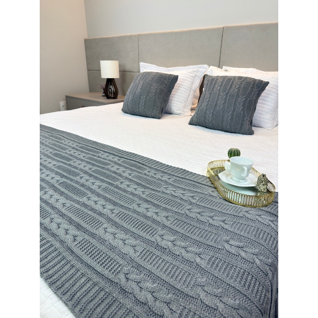 Manta Peseira Tricô luxo Casal Queen King Decorativo +2 Capas Almofada Cama Sofá Quarto Sala Ravena
