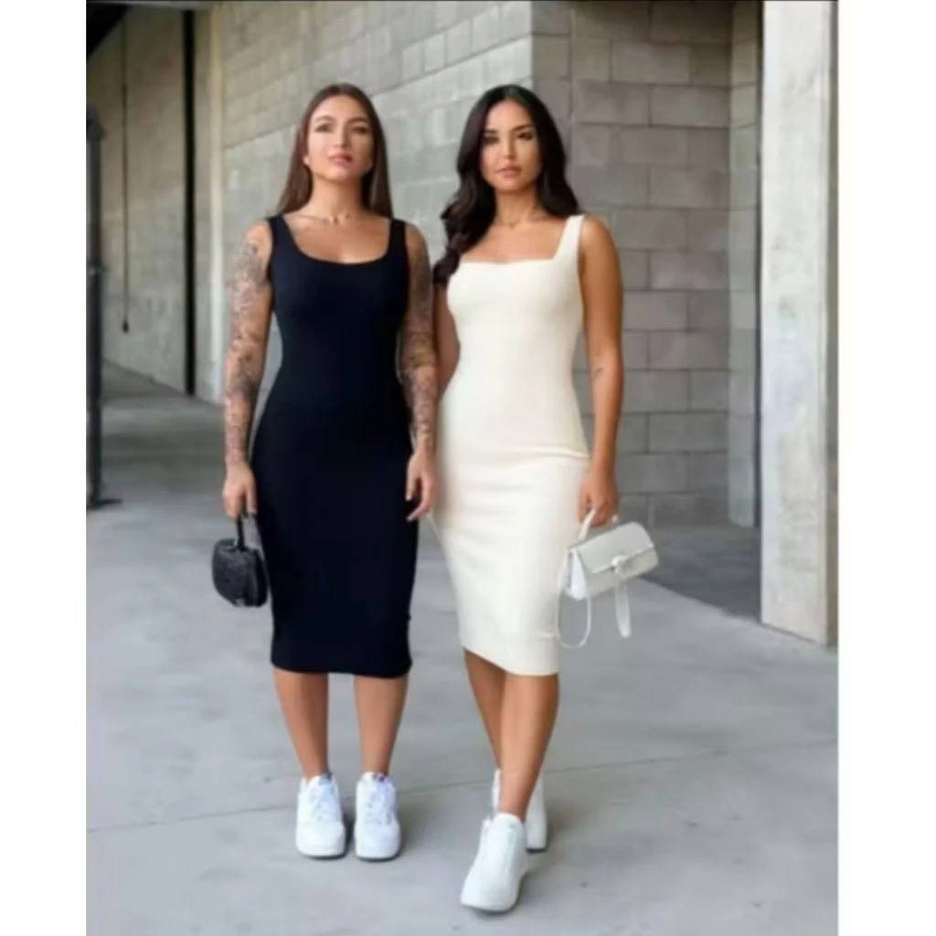Vestidos Feminino Midi No Anarruga Canelado com Alça Tubinho Moda Gringa Alcinha Regata Costas Nuas