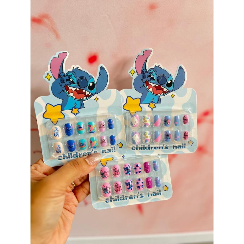 Kit 12 Unhas Postiças Infantil Lilo & Stitch Decoradas + Adesivos Dupla Face para Crianças Meninas