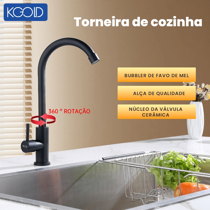 Torneira Gourmet Cozinha Giratória 360° Preta Fosca Parede Água Fria com Arejado