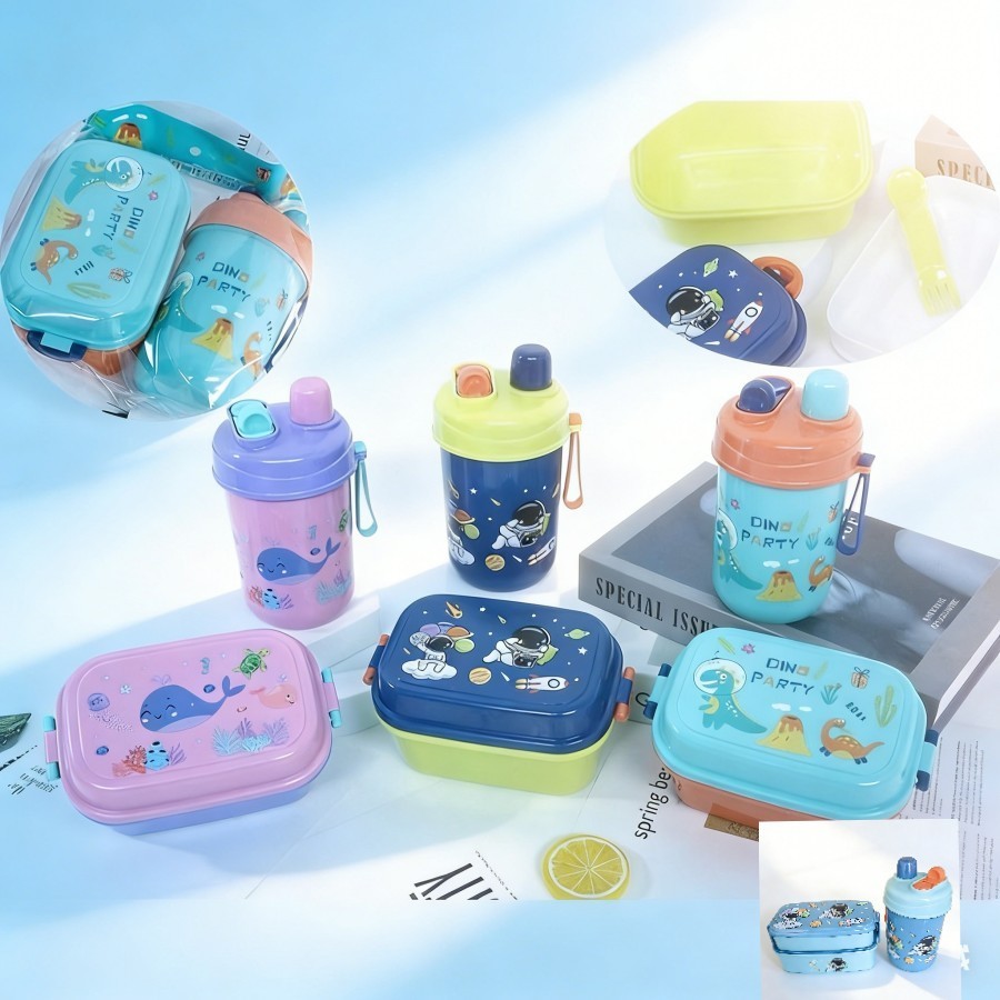KIT Design Astronauta Azul - Baleia Rosa e Dinossauro Verde Marmita Lancheira Infantil+COPO