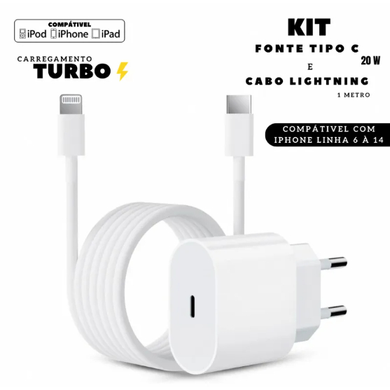 Kit Carregador 25W + Compativel Cabo Lightning - Carregamento Rápido