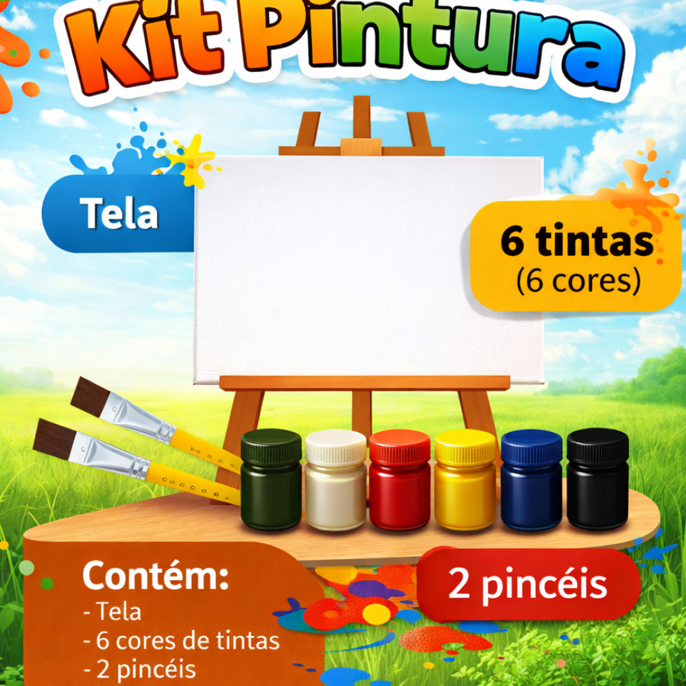 Kit De Pintura Completo Com 6 Tintas de 15ml + 2 Pincéis + 1 Tela De Algodão Artesanato