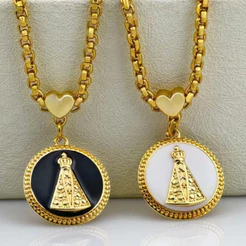 Colar e Pulseira em Ouro com Corrente Portuguesa Grossa – Nossa Senhora Aparecida