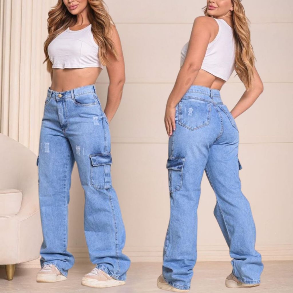 Calça Cargo Feminina Jeans Bolso Lateral Wid Leg Pantalona Cintura Alta Tendencia Momento 100% Algodao em Oferta na Shopee