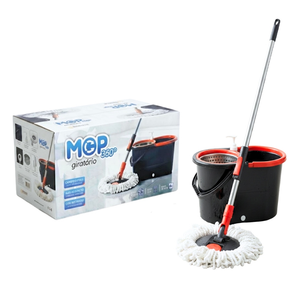 MOP 360 Giratório 14 Litros - Cabo 1.4m - Cesto Inox - Com Dispenser - 2 Refil - Polex Full Home