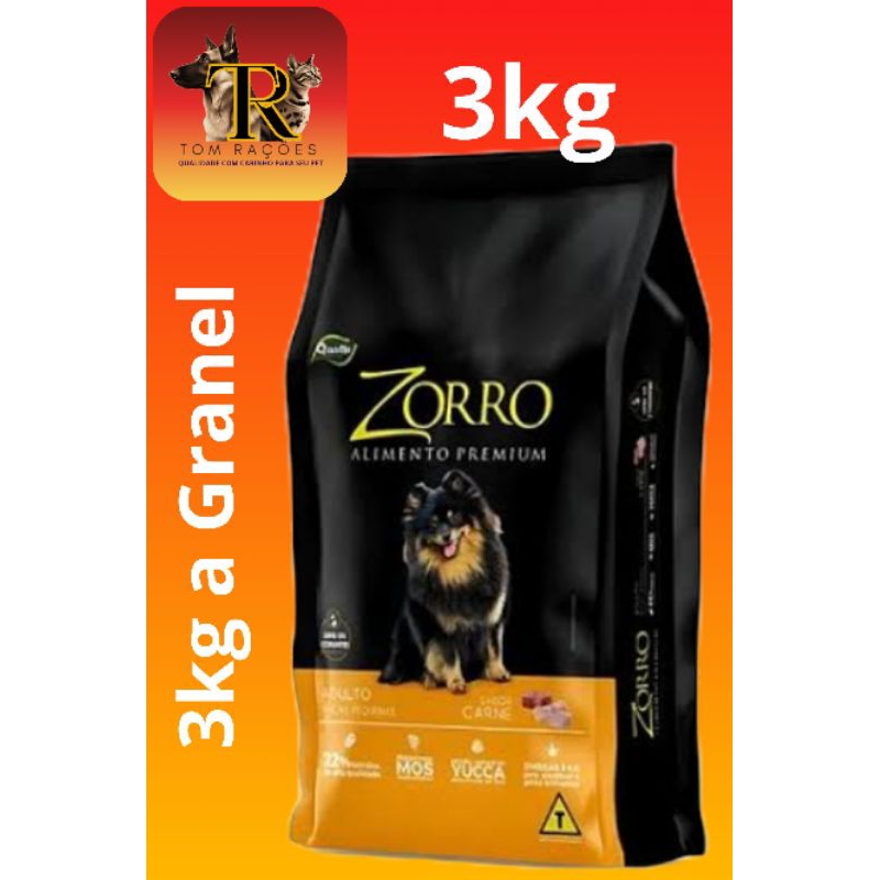 3kg a Granel, Zorro Premium Raças Pequenas, sabor carne, 22% proteínas, ração para cachorro adulto de pequeno porte.