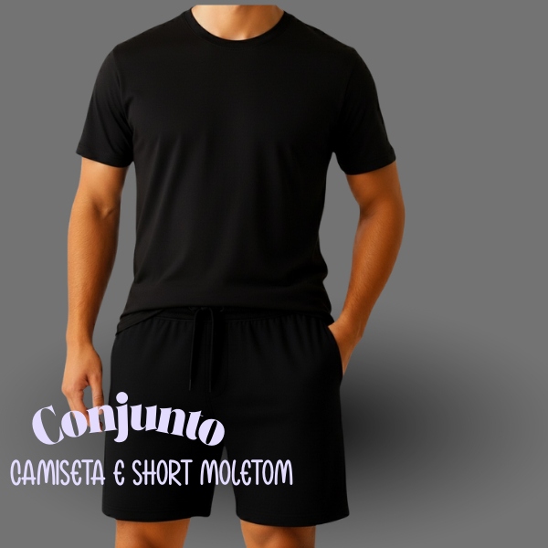Conjunto Camiseta e Short Moletom Preto Treino Academia Futebol Confortavel