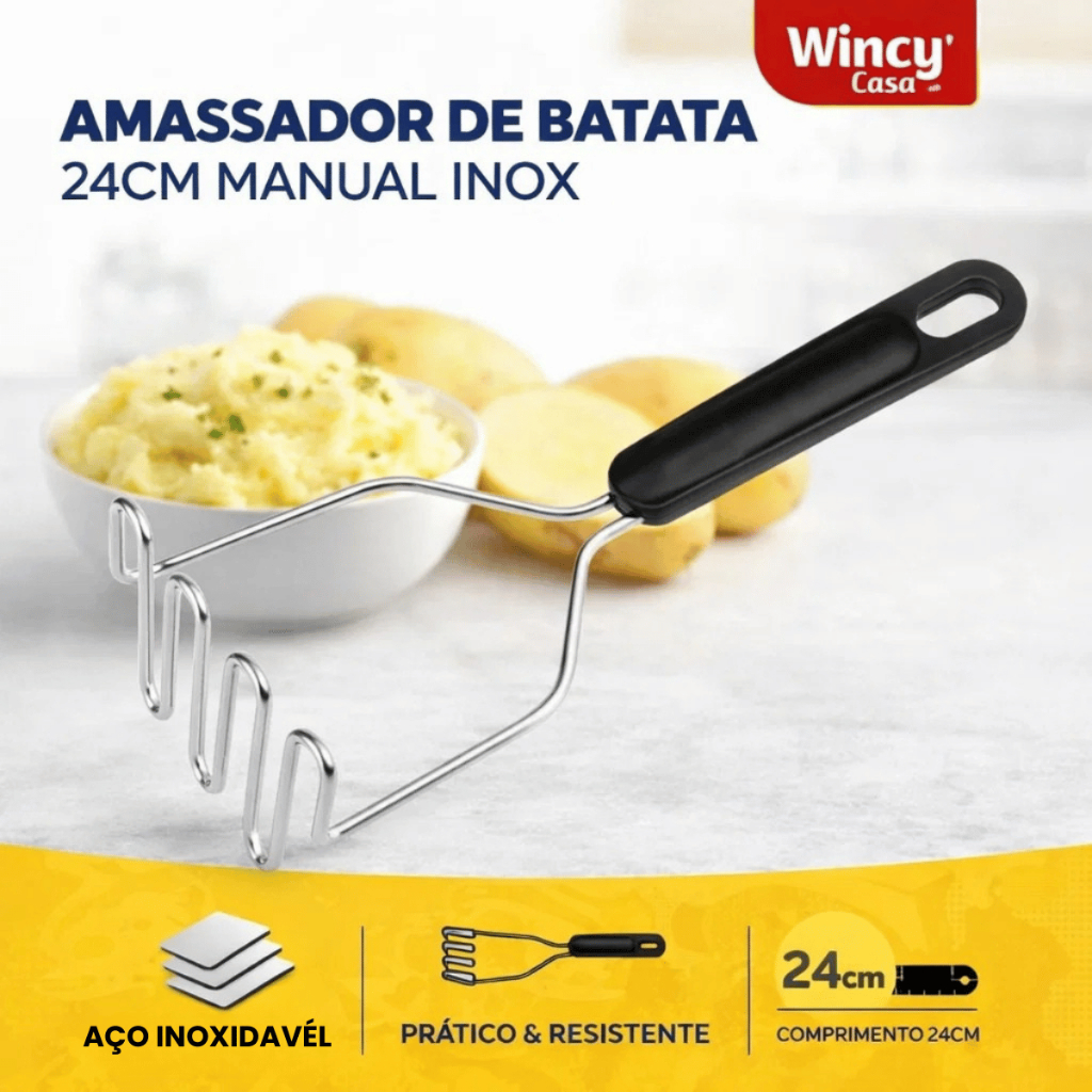 Amassador de Batata 24cm Manual Inox Wincy / Aço Resistente / Cozinha / Purê / Utensílio Receita