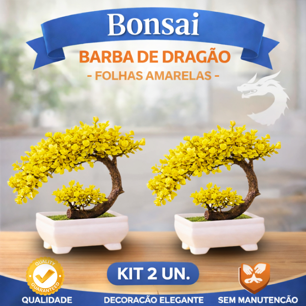 Kit 2 Bonsai Artificial Barba de Dragão com Folhas Amarelas Decorativo Estilo Zero Manutenção