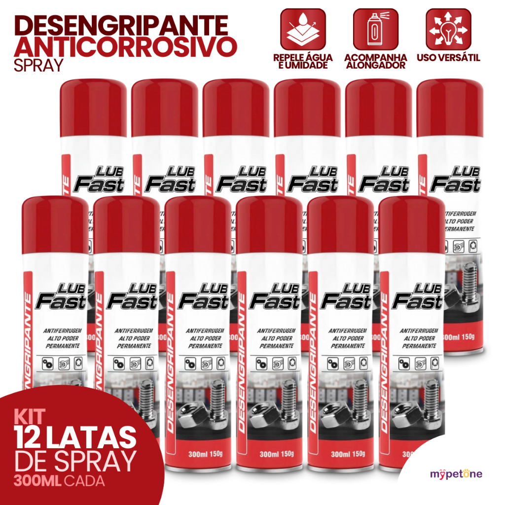 Kit Desengripante Spray Lubrificante Antiferrugem Lub Fast 300ml 2, 3, 4 ou 12 Unidades Similar WD40