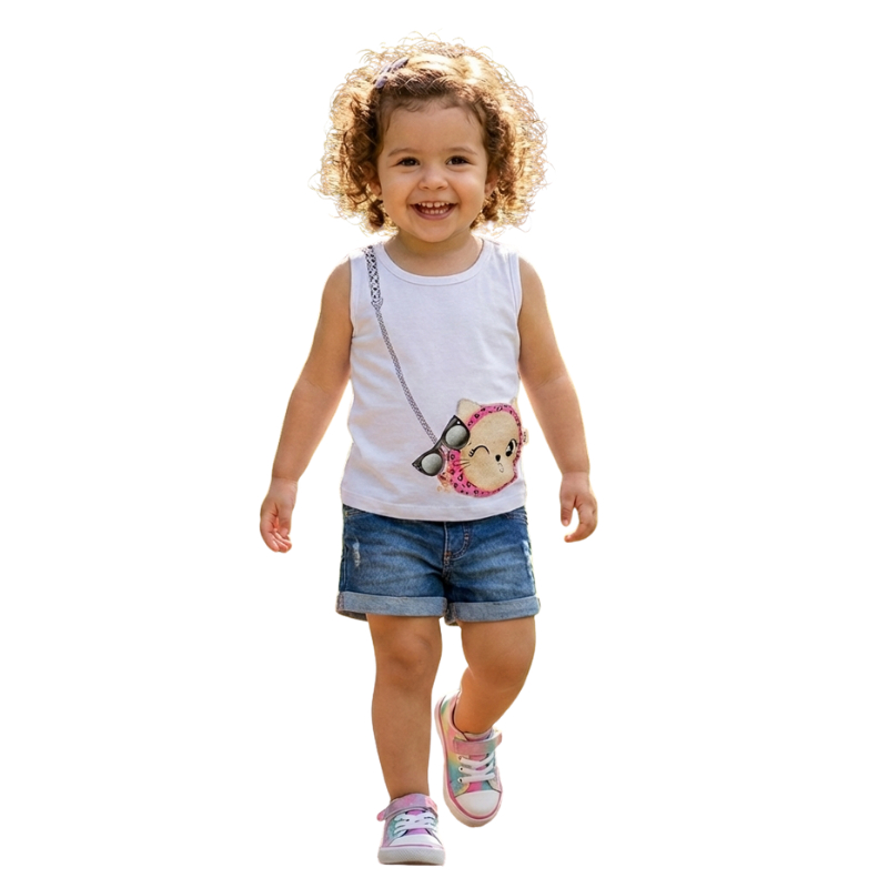 regata infantil menina estampa divertida bolsinha malha algodão várias cores tamanhos 1 a 3 anos