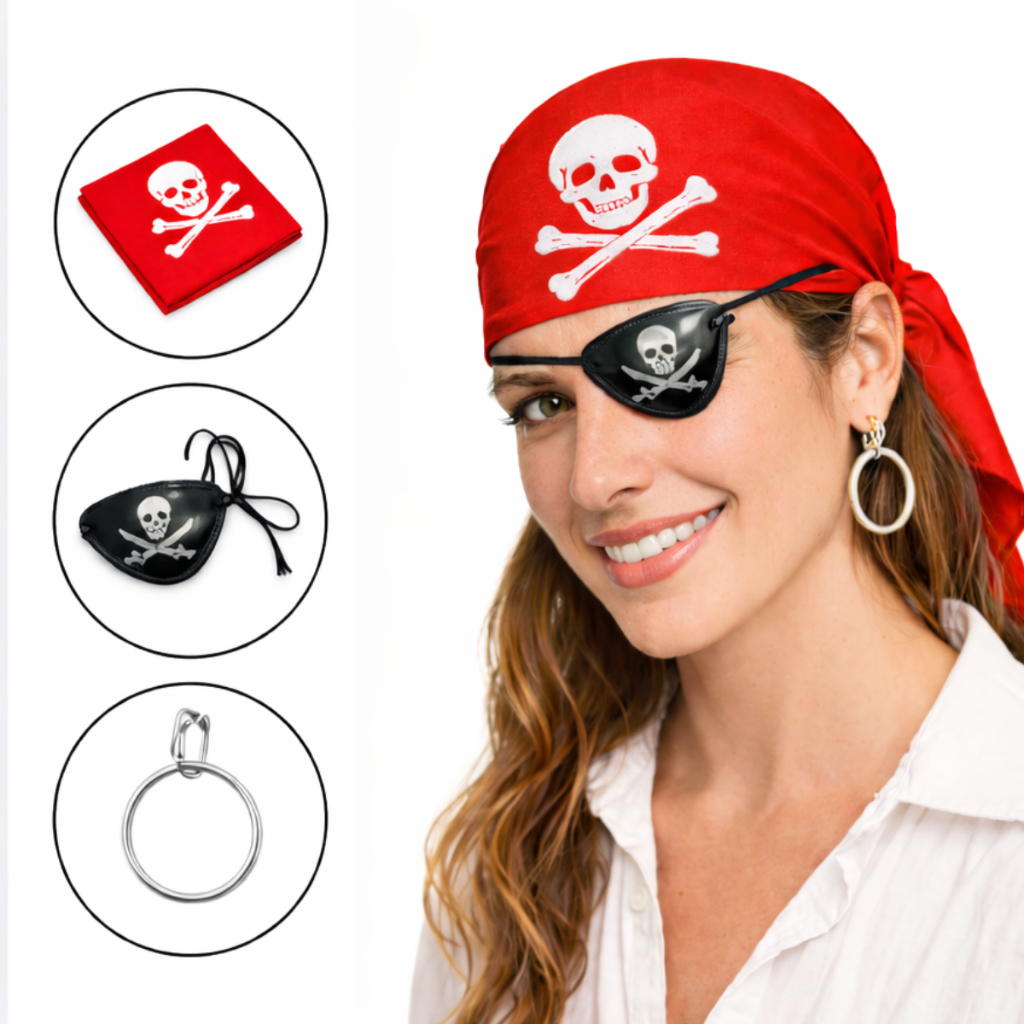 Kit Acessórios Pirata 3 Pçs Bandana Tapa Olho Brinco Carnaval Fantasia Cosplay Bloquinho Unissex Festa em Oferta na Shopee