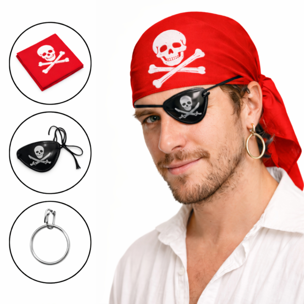 Kit Acessórios Pirata 3 Pçs Bandana Tapa Olho Brinco Carnaval Fantasia Cosplay Bloquinho Unissex Festa