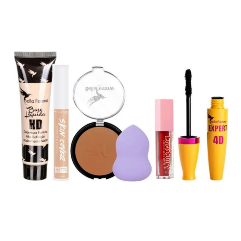 Kit de Maquiagem com Base, Pó, Corretivo, Esponja, Batom e Rímel Beleza em Oferta na Shopee