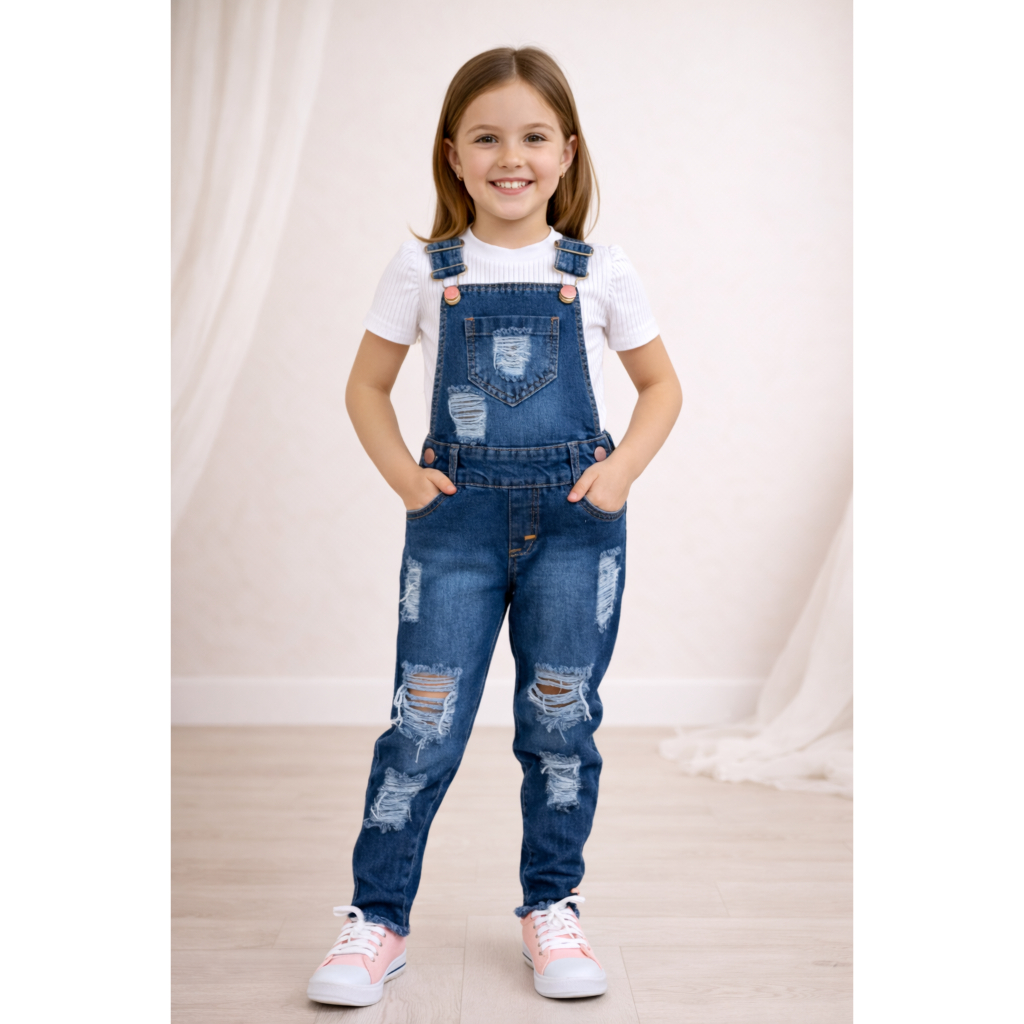 Macacão Jardineira Jeans Infantil Menina Festa Casual Luxo Blogueira Blogueirinha Mini Diva Moda