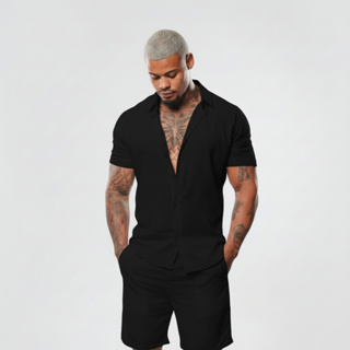 Conjunto Camisa de Botão e short Masculino Liso em Viscose em Oferta na Shopee