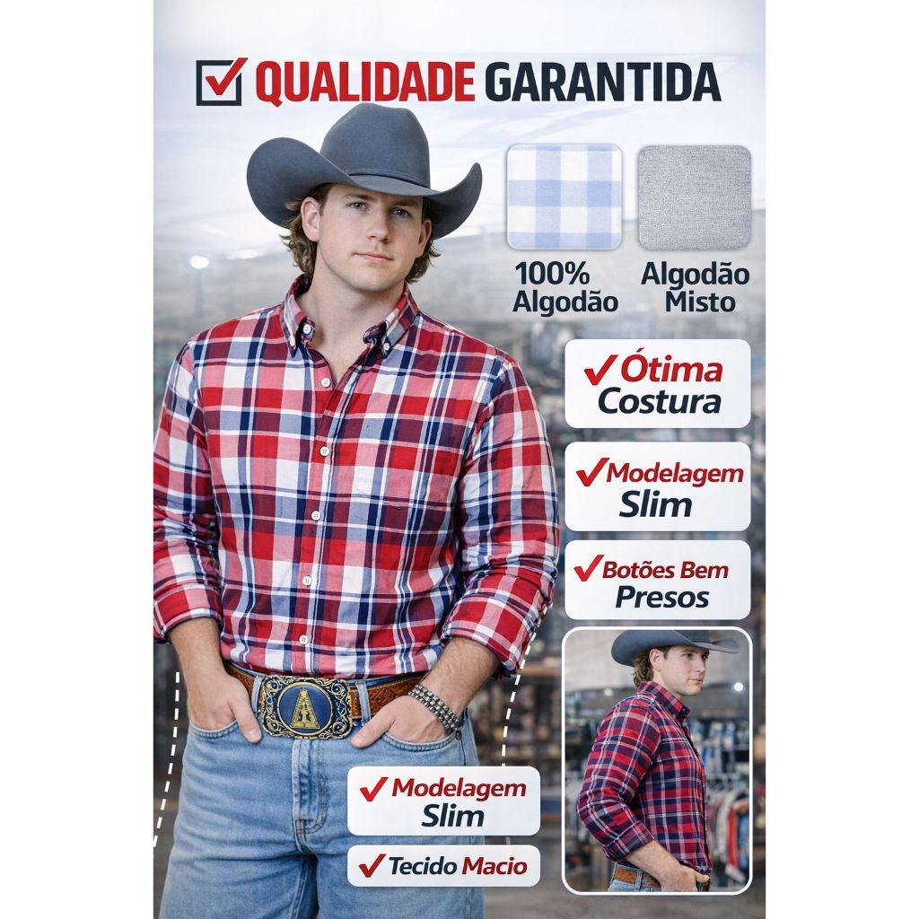Camisa Social Masculina Xadrez Com Bolso Manga Longa Algodão Slim Fit