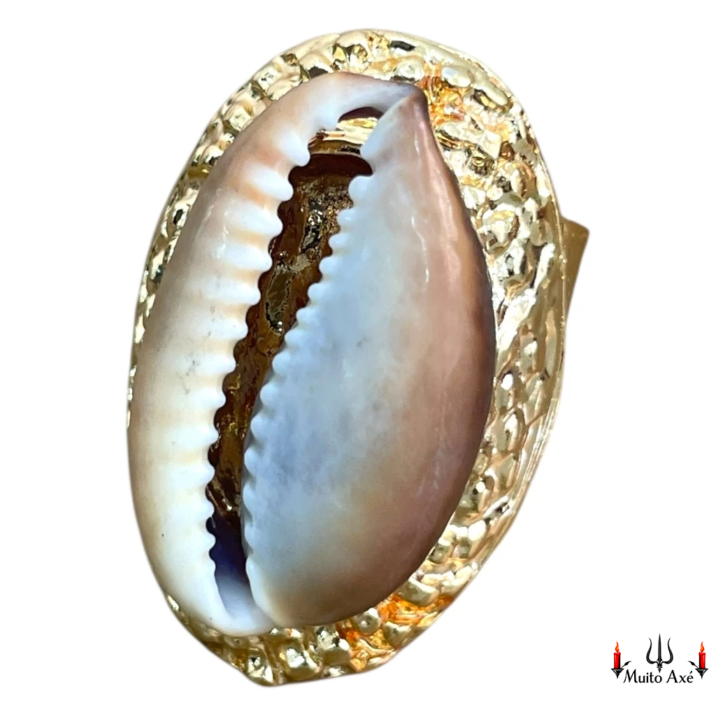Anel Búzios Ajustável Orixás – Joia Proteção Umbanda Candomblé Dourado Prata