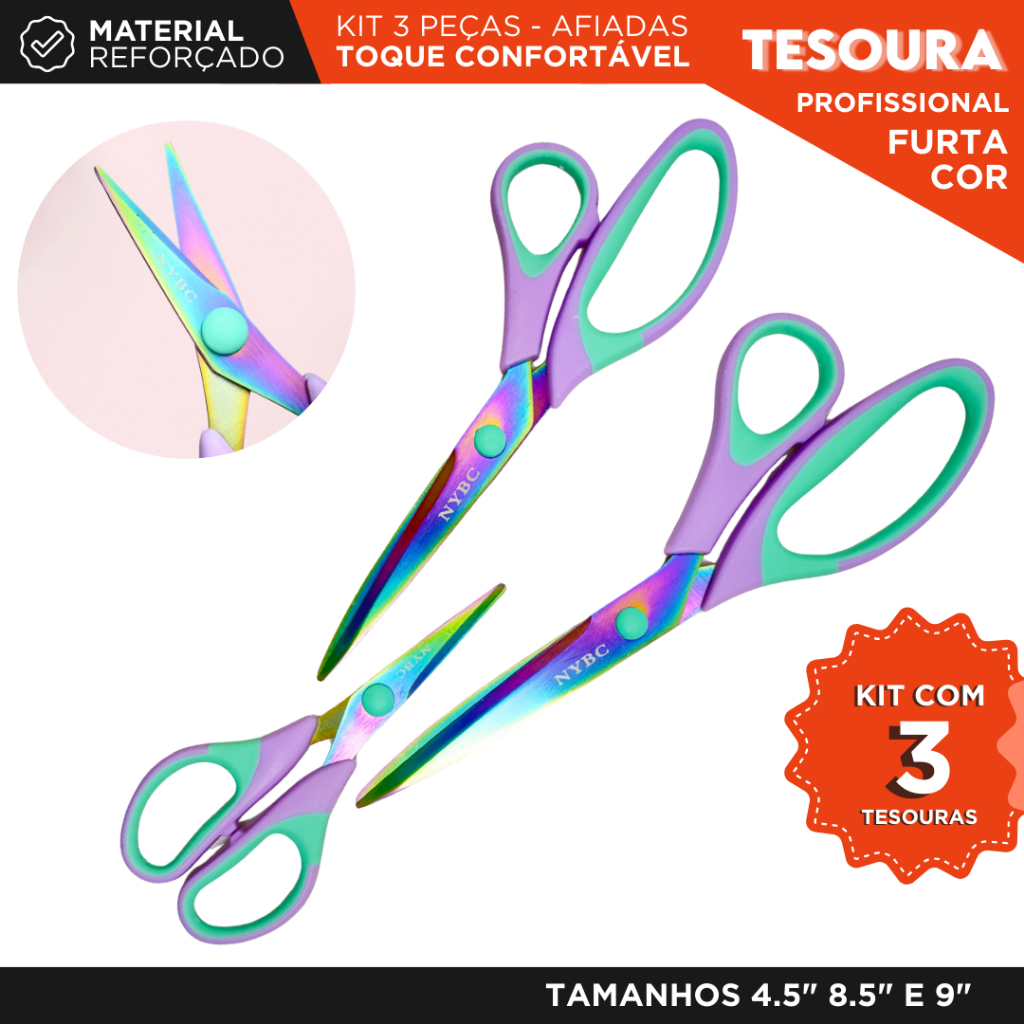 Kit 3 Tesouras Furta-Cor Aço Inox Profissional 4.5 8.5 e 9 Polegadas Multiuso Costura Papelaria - SH