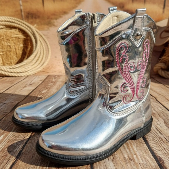 Bota Infantil Coturno Boiadeira Texana Bordada Country Ana Castela Cowgirl Prata Metalizada