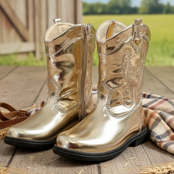 Bota Infantil Coturno Boiadeira Texana Bordada Country Ana Castela Cowgirl Dourada Metalizada