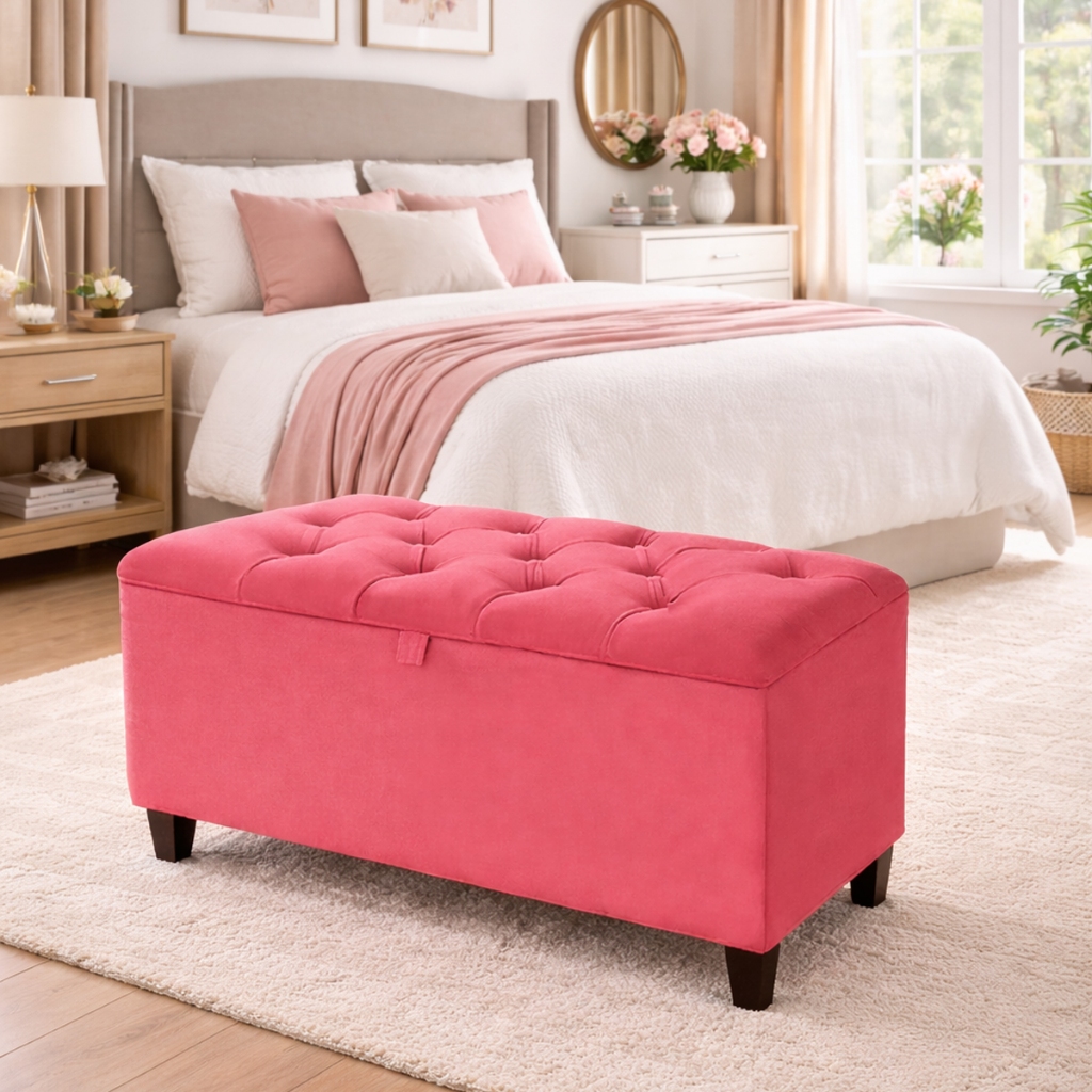 Puff Baú pé de cama 90 cm no Sued Capitone Porta Objetos e Brinquedos Organizador Estrutura Madeira Quarto