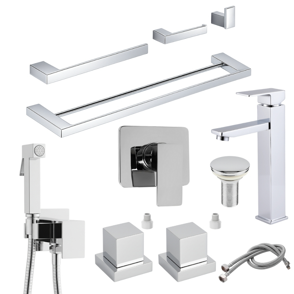 Kit Acessórios Banheiro Cromado +Torneira Monocomando + Ducha Higiênica + Acabamento Registro Docol