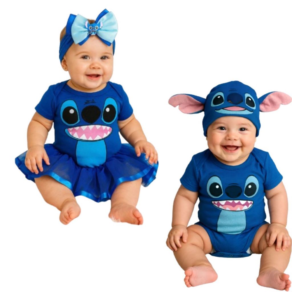 body fantasia menino menina saia touca laço Stitch rosa azul