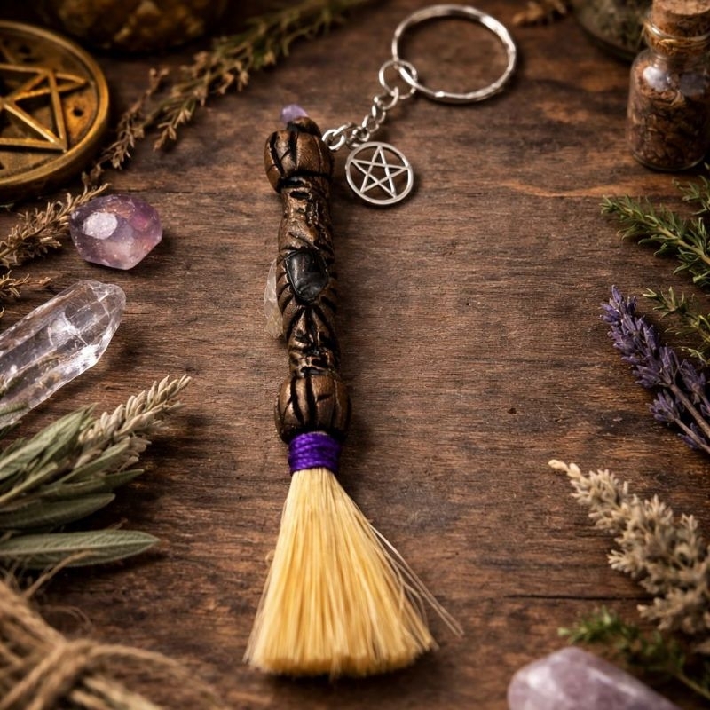 Chaveiro Vassoura Mística com Pentagrama – Amuleto Pedra Ametista Espiritualidade Wicca Bruxa