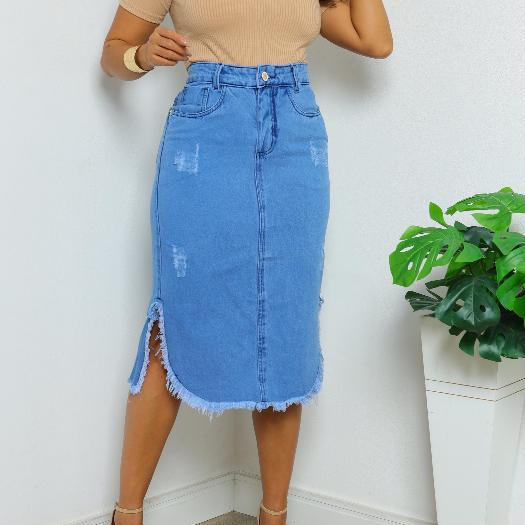 Saia Jeans Midi Premium com Fenda Lateral e Detalhe Destroyed sem Lycra em Oferta na Shopee