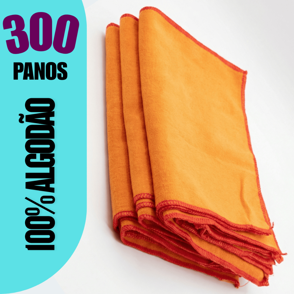 Atacado Kit 300 Flanelas de Limpeza Laranja 38x28cm Algodão | Overloque nos Cantos | Revenda e Uso Profissional