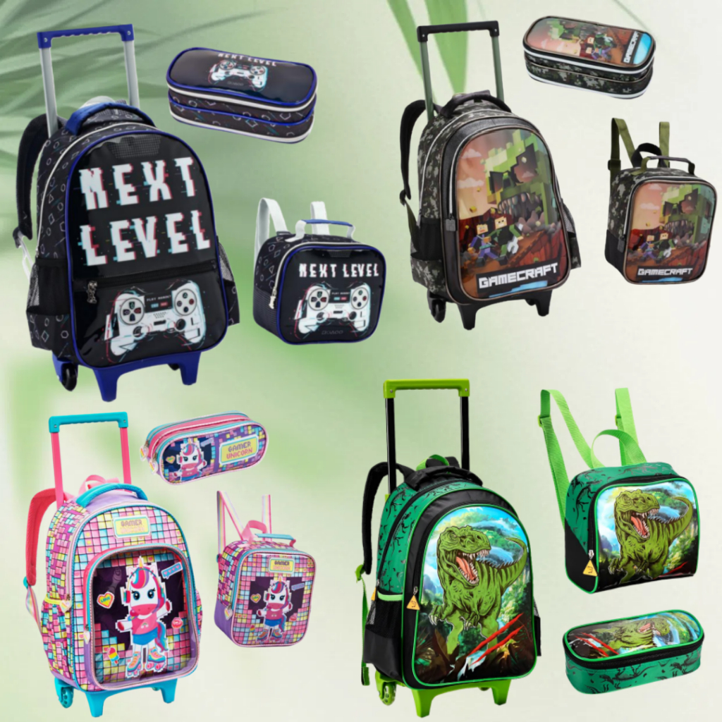 2026 Nova Kit Mochila Escolar Infantil com Rodas + Lancheira + Estojo - DENLEX KIDS