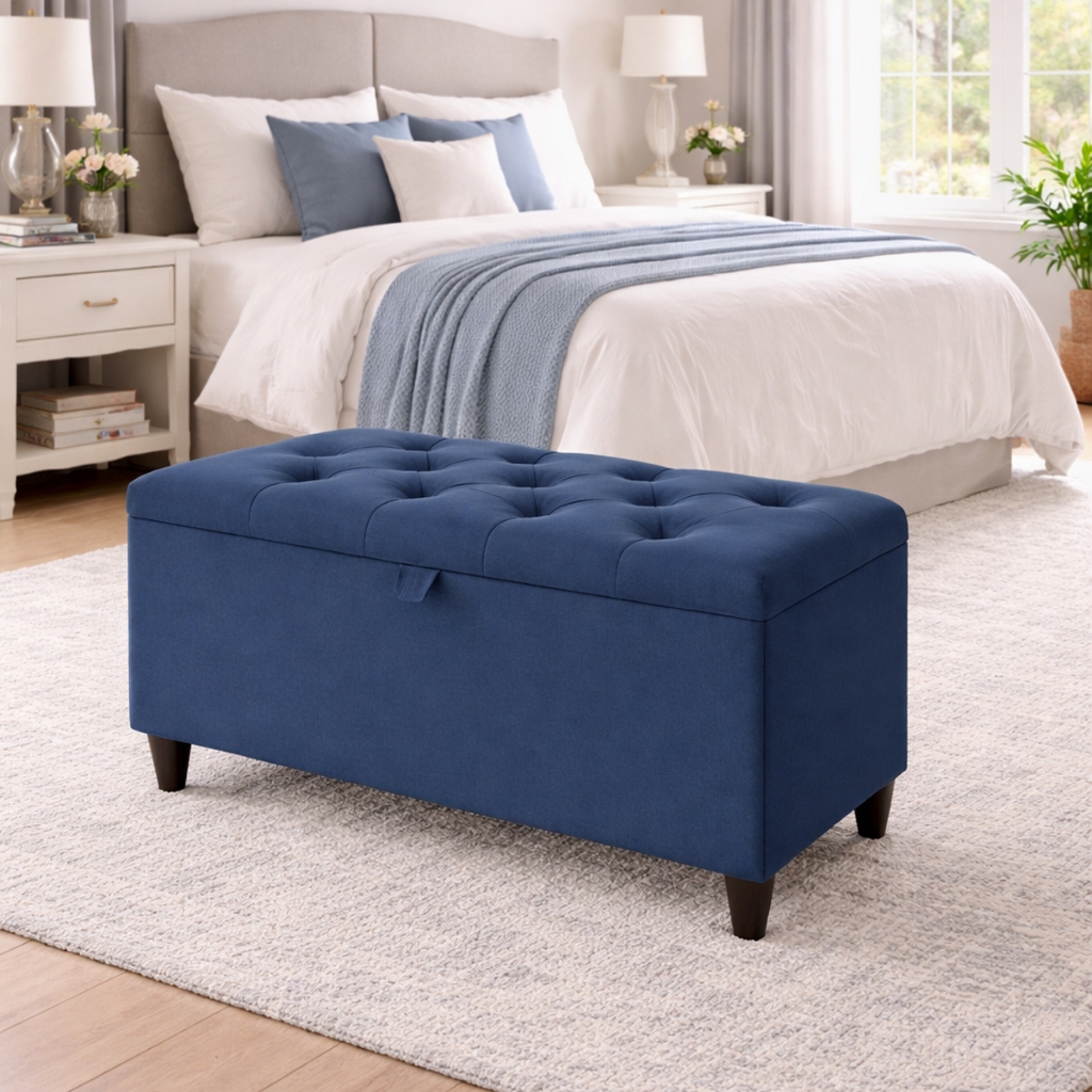 Puff Baú pé de cama 90 cm no Sued Capitone Porta Objetos e Brinquedos Organizador Estrutura Madeira Quarto