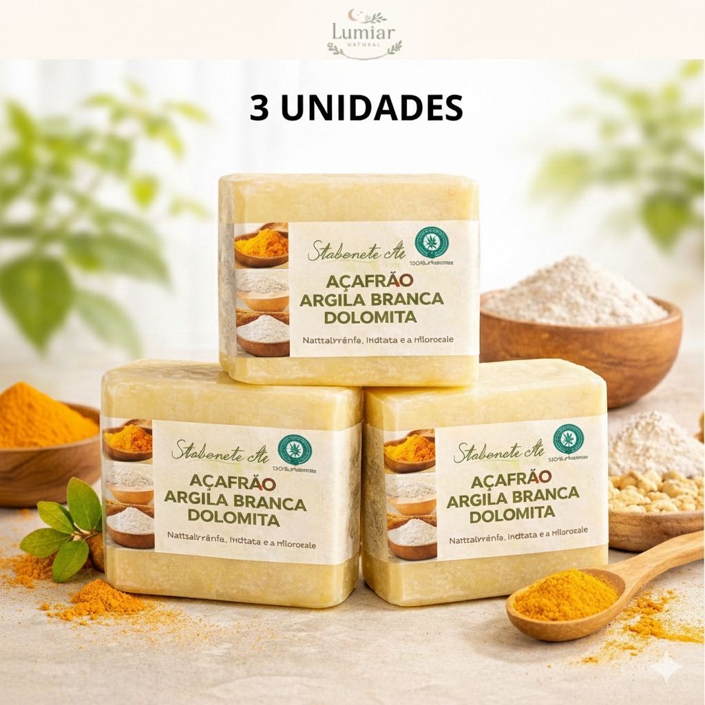 Kit com 3 Sabonetes Naturais de Açafrão Argila Branca e Dolomita - Clareador, Antiacne, Foliculite, Depilatorio, Natural em Oferta na Shopee