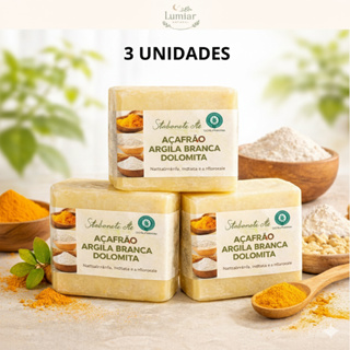 Kit com 3 Sabonetes Naturais de Açafrão Argila Branca e Dolomita - Clareador, Antiacne, Foliculite, Depilatorio, Natural em Oferta na Shopee