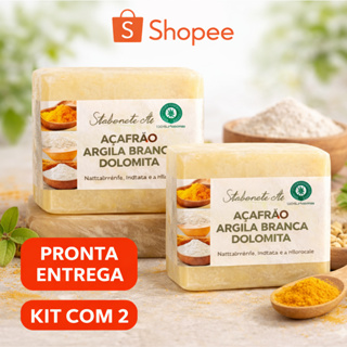 Kit com 2 Sabonetes Naturais Açafrão Argila Branca e Dolomita - Clareador Antiacne, Foliculite, Depilatorio em Oferta na Shopee
