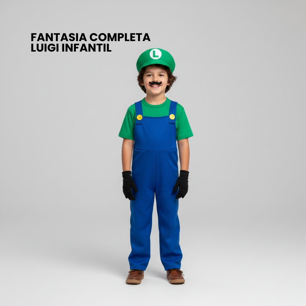 Fantasia Luigi Infantil Completa Chapéu Bigode Jardineira Carnaval Halloween Festa Criança