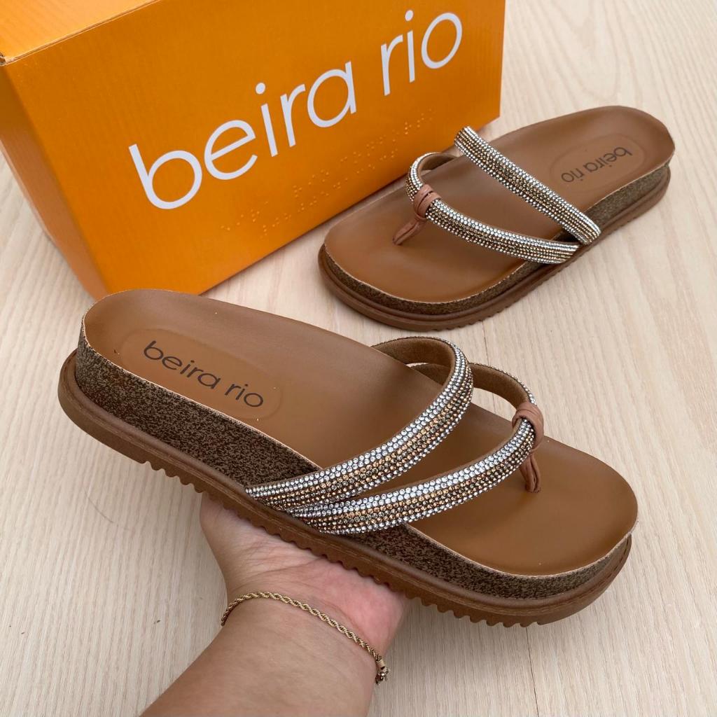 Sandália Papete Feminina Beira Rio Tiras Strass Brilho Confortável Acolchoada Tratorada