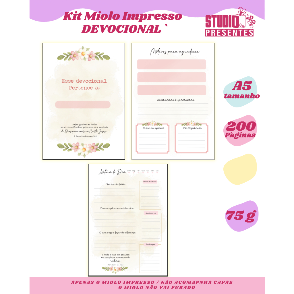 kit com 3 miolos impressos DEVOCIONAL tinta pigmentada 200 paginas tamanho a5 / 3 unidades por kit