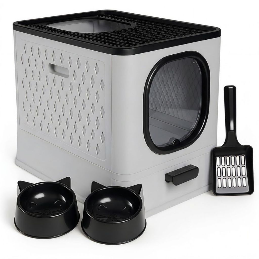 Caixa de Areia Fechada Para Gatos Banheiro Higiênico Luxo Porta Transparente + Pá + 02 Comedouros em Oferta na Shopee