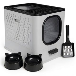 Caixa de Areia Fechada Para Gatos Banheiro Higiênico Luxo Porta Transparente + Pá + 02 Comedouros em Oferta na Shopee