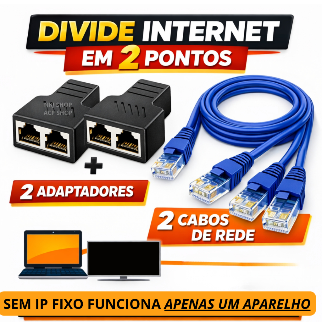 Conector Extensor Duplicador Divisor de Saída de Rede Rj45 Splitter 1x2 Plug T Preto + 2X Cabos de Rede 1 Metro Azul