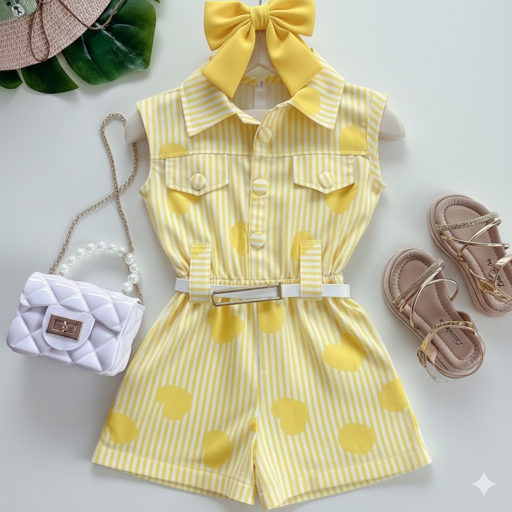 Macaquinho Infantil Menina Amarelo Listrado com Corações e Gola Polo e sinto elegante  – Look Verão