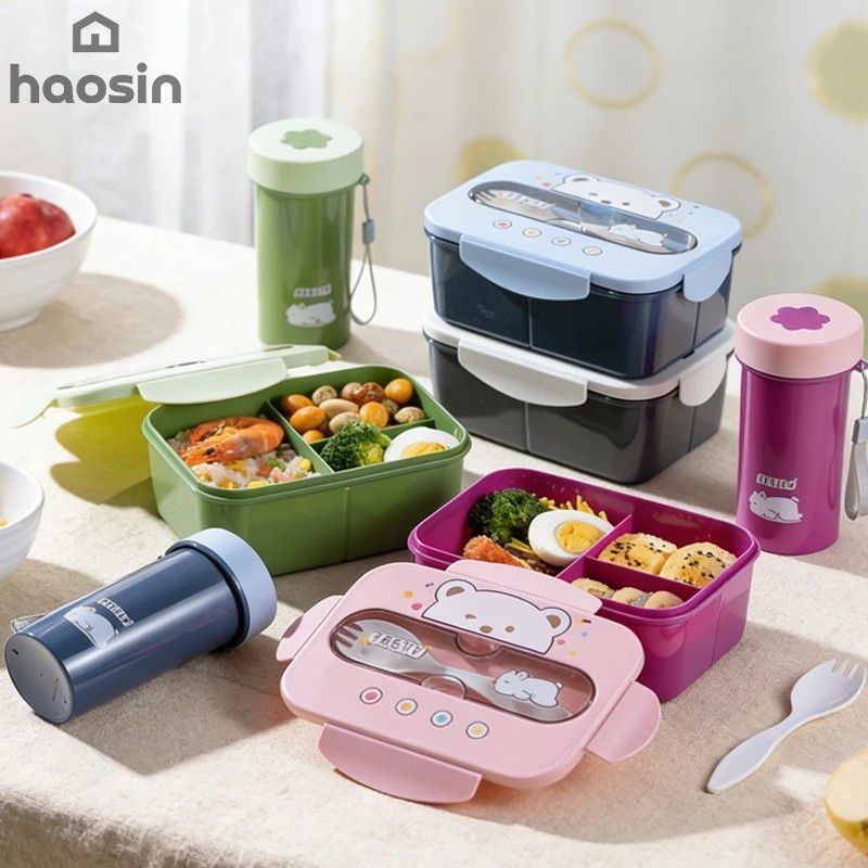 Kit Portátil Estampa de urso fofa Lancheira de 1000mm + Copo + Talheres, Próprio Para Micro-Ondas (LFH-61199) em Oferta na Shopee