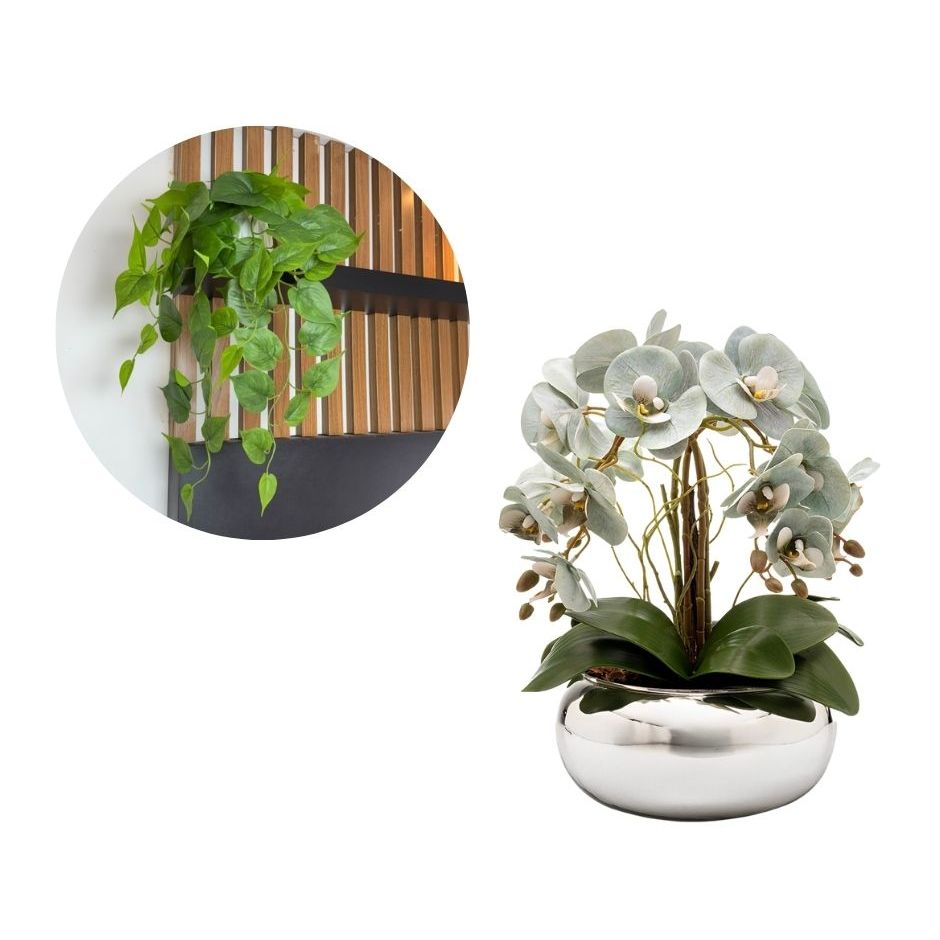 Kit Arranjo Orquídea Silicone Toque Real Vaso Vidro Prata Espelhado  + Pendente Artificial Verde Decoração Casa Sala