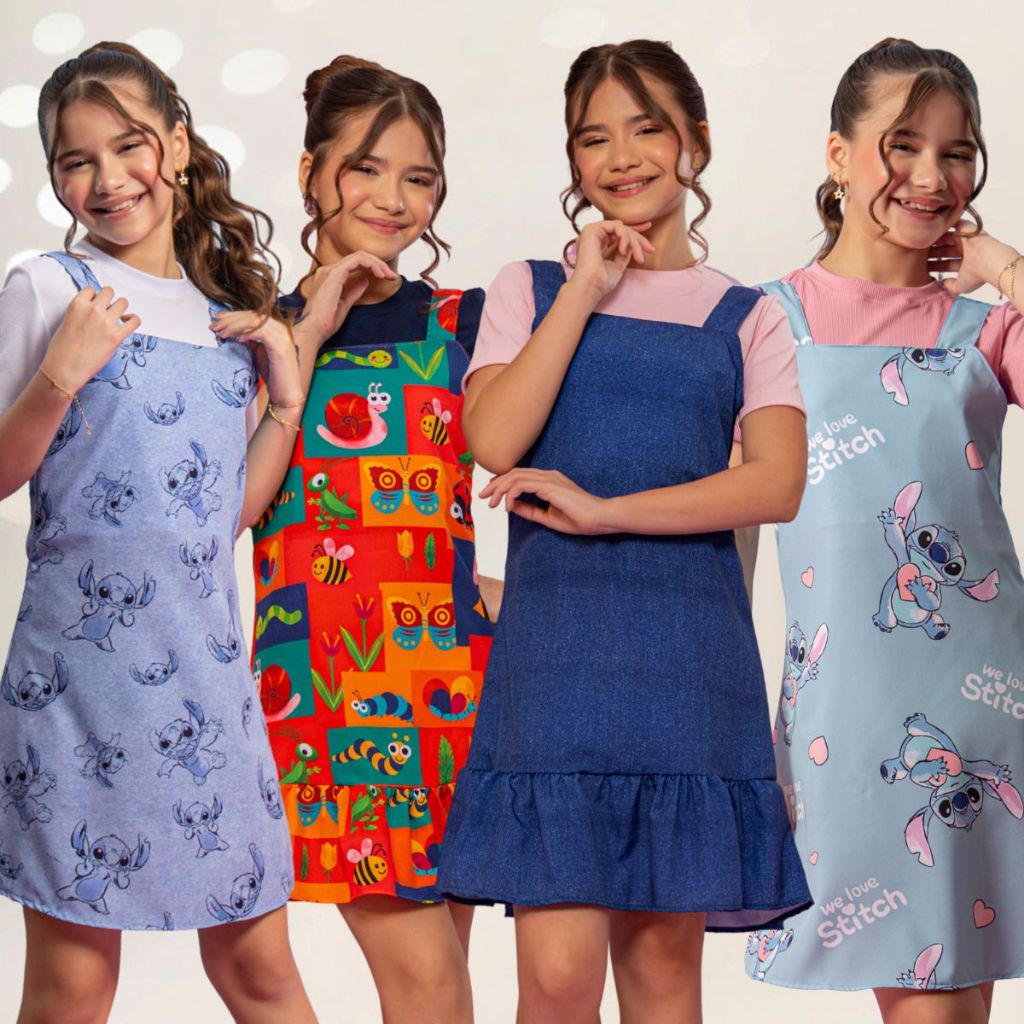 Vestido Salopete Infantil Menina Juvenil + Blusa Conjunto Stitch Evangelico Vermelho Colorido